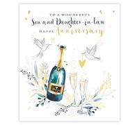 Son and Daughter-in-Law Anniversary Card - Champagne and Doves Artistic Design - Special Finish - Eco-Friendly