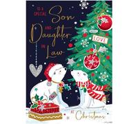 Son and Daughter-in-Law Christmas Card - Polar Bear Couple and Christmas Tree - Contemporary Artistic Festive Design - Special Finishes and Illustrated Insert Leaf - Made in the UK