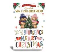 Son and Girlfriend Christmas Card with Teddy Bears and Christmas Tree Design, 15 x 23 cm