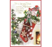 Son and Partner Christmas Card - Snow Scene - Size: 23cm x 15.5cm (9" x6") C75