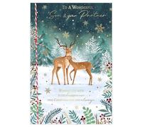 Son and Partner Christmas Card, Winter Deer Design with Gold Foil Snowflakes, 15 x 23 cm