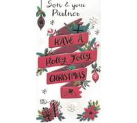 Son and Partner Holly Jolly Christmas Greeting Card | Festive Ribbon Design, Loving Inside Message, Happy New Year Wish, Embossed Interior, Colourful Illustrations