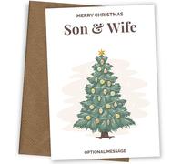 Son and Wife Christmas Card - Vintage Tree | Personalised Xmas Card for Son and Wife with Optional Front Message and Traditional Tree Design