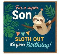 Son Birthday Card - Cute Sloth with Party Hat and Bunting - 'For a Super Son, Sloth Out it's Your Birthday!' Funny Jungle Theme Kids Card