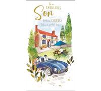 Son Birthday Card - Fabulous Son - Vintage Car Design - Special Finishes and Illustrated Insert Leaf - Made in the UK