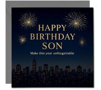 Son Birthday Card - Happy Birthday Son Fireworks Night Skyline - Make This Year Unforgettable - Elegant Gold Typography - For -, 145mm x 145mm Square, Includes Dark Grey Envelope