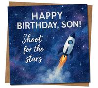 Son Birthday Card - Space Rocket Design - 'Happy Birthday, Son! Shoot for the Stars' - 145mm x 145mm - Cute Inspirational Card, Includes Kraft Envelope