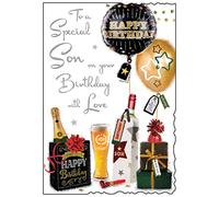 Son Birthday Card - Special Son - Beer and Balloons Contemporary Design - Illustrated Insert Leaf - Made in the UK