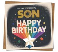 Son Birthday Card - To a Very Special Son - Colourful Rainbow Star Design - 145mm x 145mm Square - Happy Birthday Card for Includes Kraft Envelope