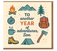 Son Birthday Card - To Another Year of Adventures - Camping and Hiking Design with Mountains, Tent, Backpack and Campfire - Outdoors Adventure Theme