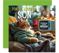 Son Birthday Card - TV Cat - Happy Birthday Card for Son from Dad Mum, 145mm Cat Celebration Bday Greeting Cards