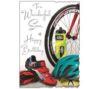 Son Birthday Card - Wonderful Son - Sporty Cycling Design - Special Finishes and Illustrated Insert Leaf - Made in the UK