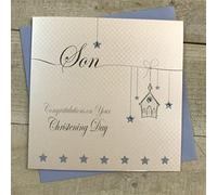 SON Christening Card, Hanging Church & Stars, Blue Handmade by White Cotton Cards LL71-S