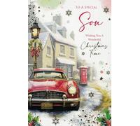 Son Christmas Card - To a Special Son - Wishing You a Wonderful Christmas Time - Traditional Snowy Village with Red Classic Car & Postbox - Large 24 x 16 cm - Single Card with Envelope