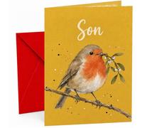 Son Christmas Card with Robin and Mistletoe Illustration