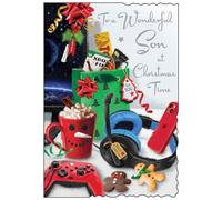 Son Christmas Card - Wonderful Son - Gaming and Hot Chocolate - Artistic Festive Design - Special Finishes and Illustrated Insert Leaf - Made in the UK