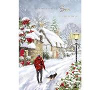 Son Christmas Card - Wonderful Son - Special Finish - Artistic Festive Design - Village Dog Walking - Made in the UK - Eco-Friendly