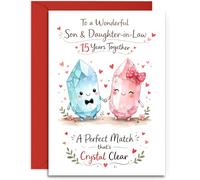 Son & Daughter-in-Law 15th Anniversary Card - Cute Crystal Rocks and Hearts Design - 15th Crystal Anniversary Card - A5 Size Card with Red Envelope