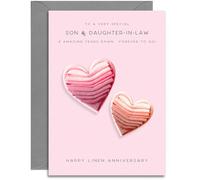 Son & Daughter-in-Law 4th Anniversary Card - Linen Wedding Anniversary Card - Linen Hearts Design - A5 Size Card with Grey Envelope