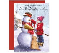 Son & Daughter-In-Law Christmas Card - Dressing the Snowman - Medium Sized Card (A5 Size -148mm x 210mm) with Envelope