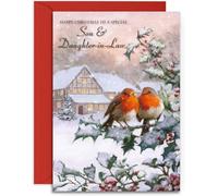 Son & Daughter-In-Law Christmas Card - Two Robins - Medium Sized Card (A5 Size -148mm x 210mm) with Envelope