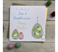 SON & DAUGHTER IN LAW - HANGING EGG BLUE BUNNIES EASTER CARD