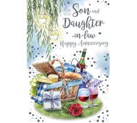 Son & Daughter In Law Picnic Hamper & Wine 9" x 6" Happy Anniversary Card