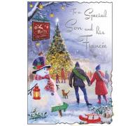 Son & Fiancée Christmas Card - Couple Skating Snowman Tree 9x6.25 | Embossed Foil and Glitter Finish, Scalloped Edge, Illustrated Insert and Heartfelt Verse , Made in the UK