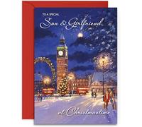 Son & Girlfriend Christmas Card - London Eye and Big Ben - Medium Sized Card (A5 Size -148mm x 210mm) with Envelope
