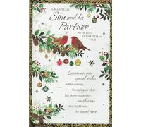 Son & His Partner Christmas Card - 24 x 16 cm - Gold Foil Robin & Holly Design - “With Love at Christmas Time” Greeting - Includes Envelope - Festive Card for Son and Partner
