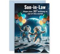 Son-in-Law 30th Birthday Card - Space Cat and Dog - Funny Birthday Card age 30. A5 Size with Blue Envelope. Designed and Printed in the UK