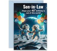 Son-in-Law 40th Birthday Card - Space Cat and Dog - Funny Birthday Card age 40. A5 Size with Blue Envelope. Designed and Printed in the UK