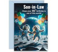 Son-in-Law 80th Birthday Card - Space Cat and Dog - Funny Birthday Card age 80. A5 Size with Blue Envelope. Designed and Printed in the UK
