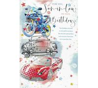 Son in law birthday card. Motorbikes & cars. 9 x 6 inches. OE.