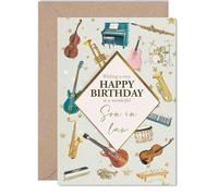 Son in Law Birthday Card - Music Lover - Happy Birthday Card for Son in Law from Mother Mum Father Dad, 5x7 Inch Bass Acoustic Electric Guitar Bday Greeting Cards