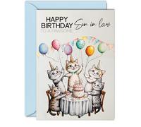 Son in Law Birthday Card - Pawsome Party Cats Balloons - Happy Birthday Card for Son in Law from Mother in Law Mum Father Dad, 5x7 Inch Male Cat Bday Greeting Cards