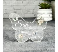 Son-In-Law White Floral Memorial Butterfly Plaque Sympathy Gift Keepsake Gift - Small Gifts For Him For Her, Present, Acrylic Plaque, Unqiue Gift, Ornament, Décor, Plaque, trinket, Keepsake Gift