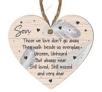 Son Memorial Plaque - Sentimental Keepsake for Remembering a Beloved Son - 'Those We Love Don’t Go Away' Feather and Heart Design Son loss tribute sign Sympathy (Large: 23 cm (H) × 20 cm (W))