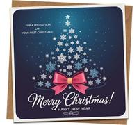 Son’s First Christmas Card - “For a Special Son on Your First Christmas” - Snowflake Tree & Bow Design - 145mm x 145mm Square Greeting Card - Merry Christmas & Happy New Year - Includes Kraft Envelope