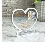 Son Sleeping Teddy Bear On Moon Memorial Gift Heart Ornament Keepsake Plaque | Acrylic Ornament Gift Memorial Remembrance Sympathy Keepsake Gift Custom Home Decor Gift, Small Trinket, Unique Present