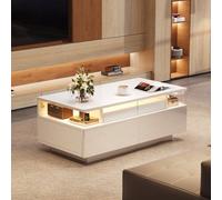 Sonara Modern White High Gloss Coffee Table With App Led Lights & Removable Tray - 2 Drawer Space Saving Side Tea Table, Acrylic & Glass