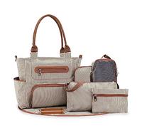 SONARIN 7pcs Nappy Changing Bag Set,Multifunction Mummy Tote Bag Baby Changing Bag Shoulder Handbag Travel Diaper Bag with Bottle Bag Changing Mat and Stroller Straps,white stripped(Khaki)