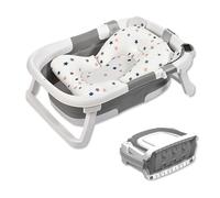 SONARIN Foldable Baby Bathtub with Thermometer & Cushion Pad,Portable Space-Saving Infant Tub Collapsible Travel Shower Basin with Water Plug Non-Slip Legs for Newborn Toddlers(Grey)