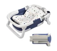 SONARIN Foldable Baby Bathtub with Thermometer & Cushion Pad,Portable Space-Saving Infant Tub Collapsible Travel Shower Basin with Water Plug Non-Slip Legs for Newborn Toddlers(Blue)