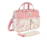 SONARIN Large Capacity Multifunctional Baby Nappy Changing Tote Bag,Waterproof Baby Changing Bag Satchel Messenger Bag Travel Diaper Bag with Shoulder Strap & Changing Mat(Pink-Flower)