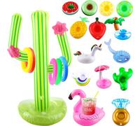 Sonarun 14 Pack Inflatable Drink Holder Set of Inflatable Cactus Ring Toss Game Floating Coasters Pool Drink Holder and Floating Cup Holder for Kids Pool Party Supplies Summer Water Activities