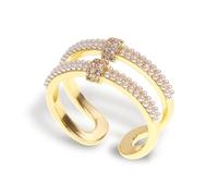 Sonateomber Gold Silver Flower Leaf Open Adjustable Ring for Women, Trendy Elegant Unique CZ Enamel Front Open Floral Bow Rings Wedding Prom Jewelry Gift, 14k Gold Plated Brass, Cubic Zirconia