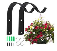 SONEER Hanging basket bracket, 2 Pcs Heavyduty Wall Hanging Basket Brackets, Outdoor Iron Black Arc bracket hook for Hanging Planter Lantern Bird Feeder(with S Hooks and Screws)
