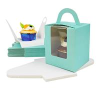 Soneinex 24 Pcs Single Cupcake Boxes Individual Cupcake Boxes 1 Hole Cup Cake Box with Window and Inserts for Wedding Birthday Party Favors(Blue)