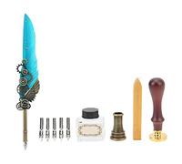 Sonew Retro Feather Pen Set with Vintage Map Patterns, Quill Pen, 5 Replacement Nibs, Brass Base, Ink Bottle for Elegant Writing (Lake Blue)